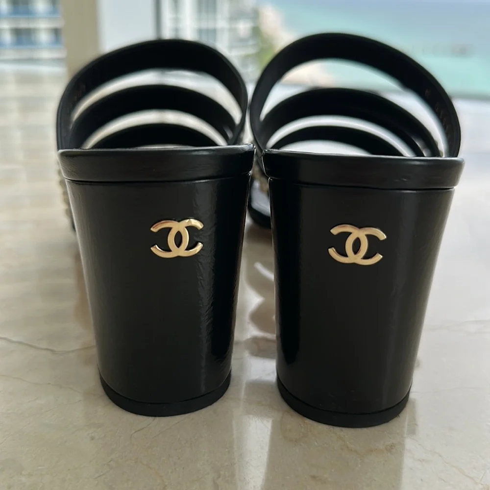 CHANEL Black Pearl-Embellished Strappy Block Heel Sandals